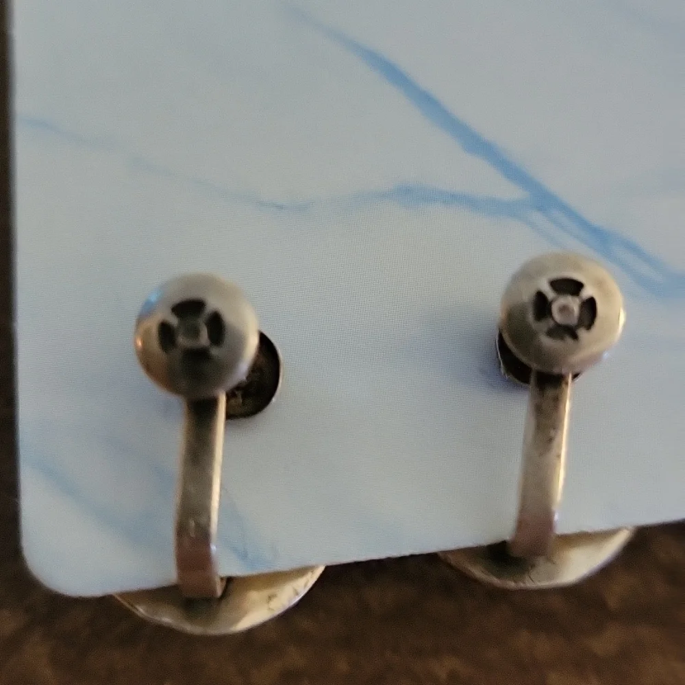 Antique Estate Oxidized Sterling Silver Onyx Cabochon Oval Screw-on Earrings